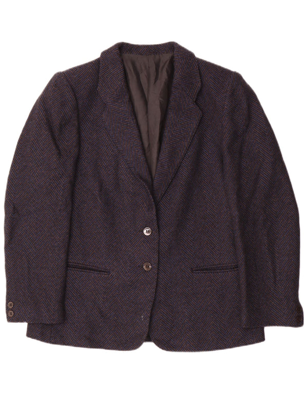 vintage Femme 2 Bouton Blazer Veste UK 14 Moyen Marine Bleu Chevron Laine