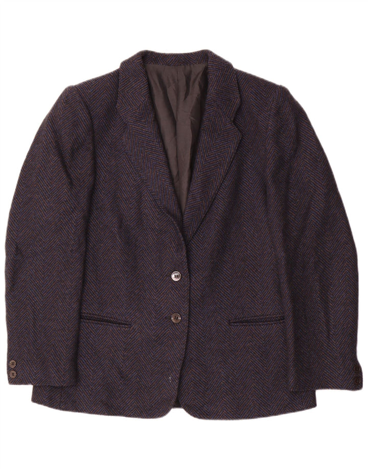 vintage Femme 2 Bouton Blazer Veste UK 14 Moyen Marine Bleu Chevron Laine