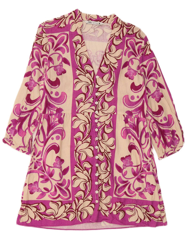 Zara Robe chemise à manches 3/4 pour femme UK 12 en lin floral rose moyen