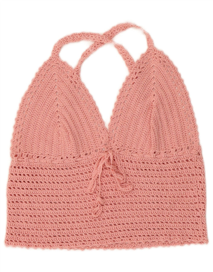 vintage Femmes Crop Crochet Halter Top UK 4 XS Rose