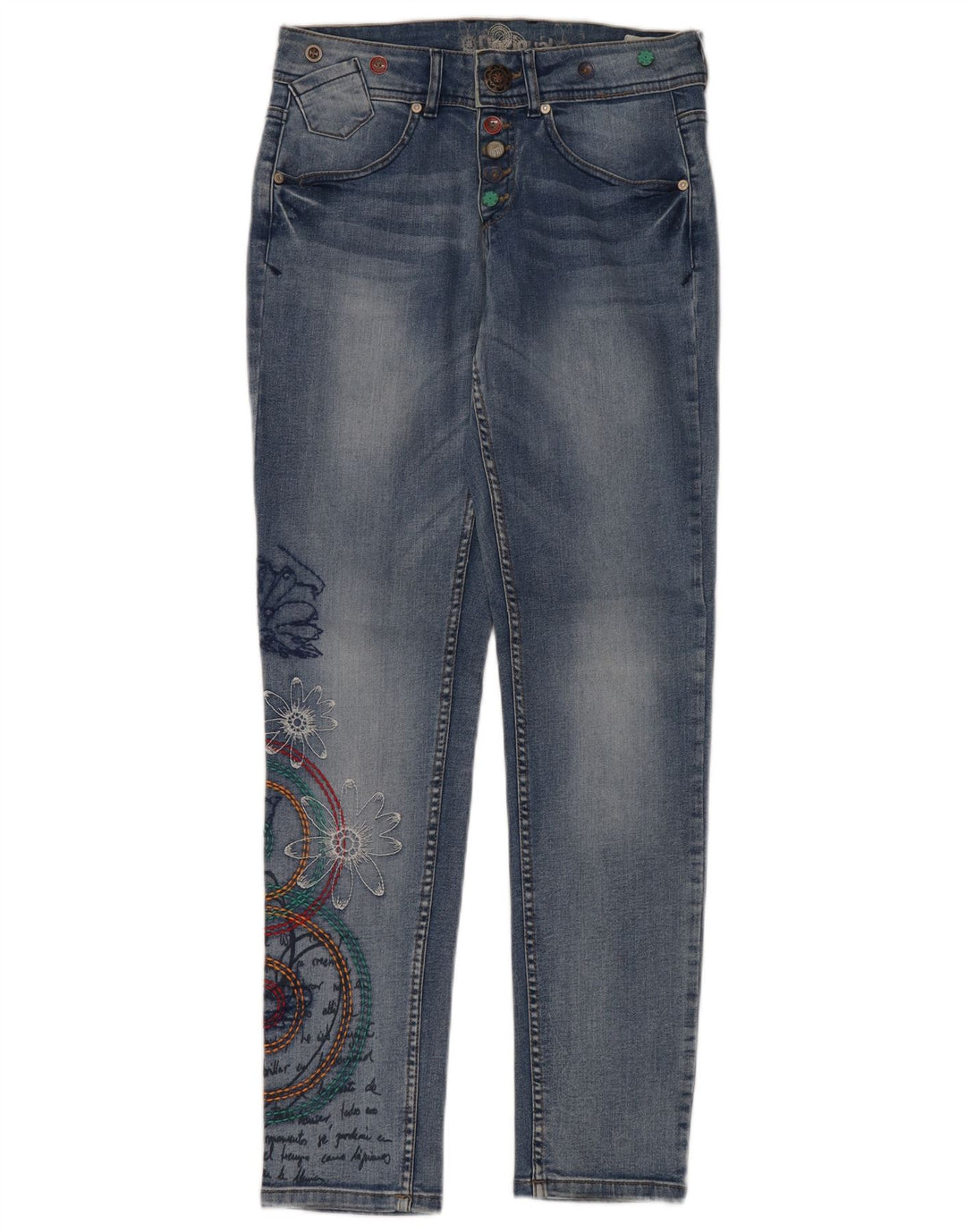 DESIGUAL Jean Slim Graphique Femme W24 L32 Bleu Floral Polyester