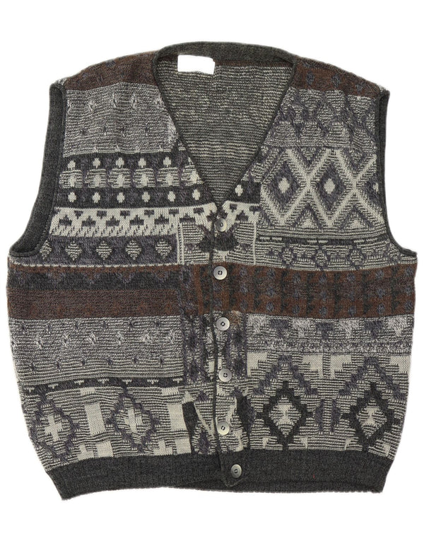 vintage Mens Cardigan sans manches Pull XL Gris Géométrique