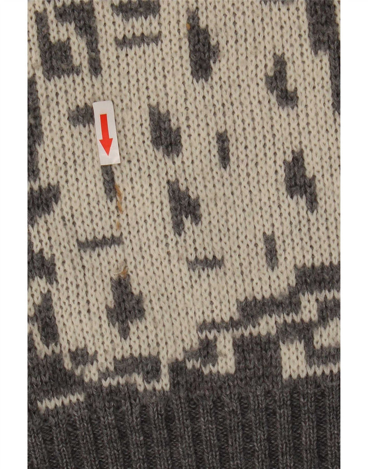 vintage Mens Abstract Pattern Crew Neck Jumper Pull Petit Gris