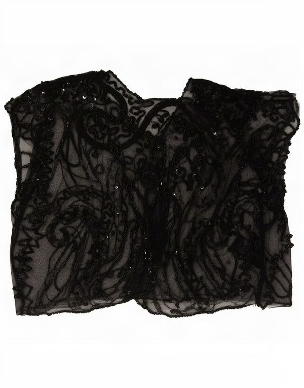 vintage Femmes Crop Sans Manches Voir À Travers Top UK 8 Petit Paisley Noir