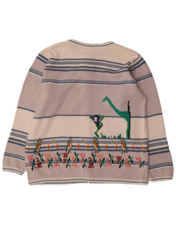 vintage Femmes Nouveauté Fit Graphique Cardigan Pull UK 18 XL Gris Rayé