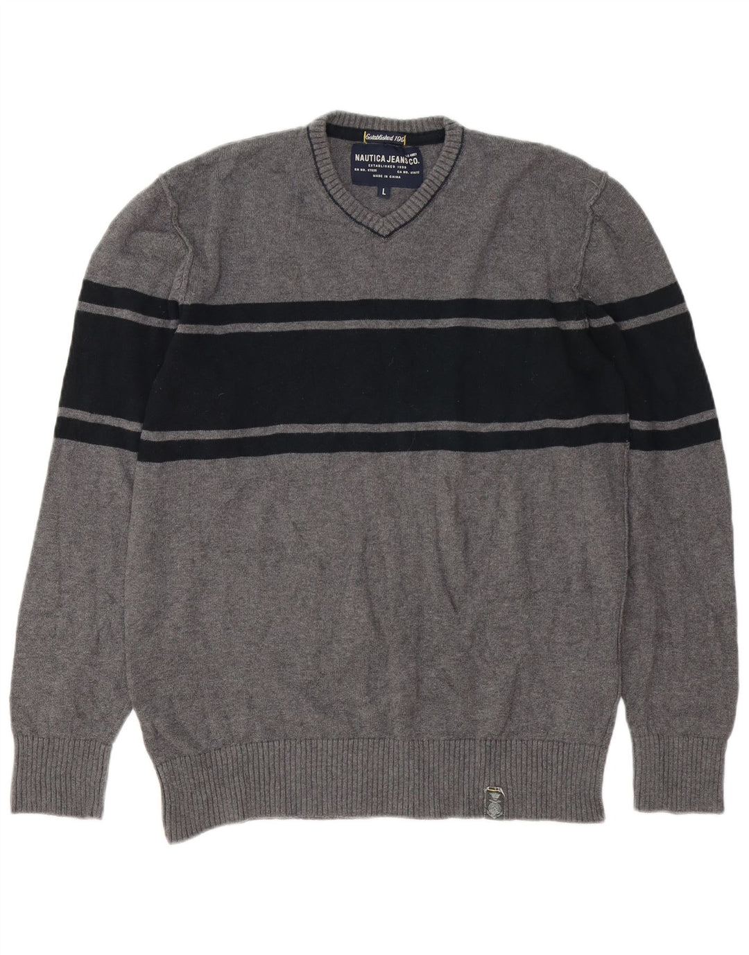Nautica Pull col V pour homme en coton gris Taille L