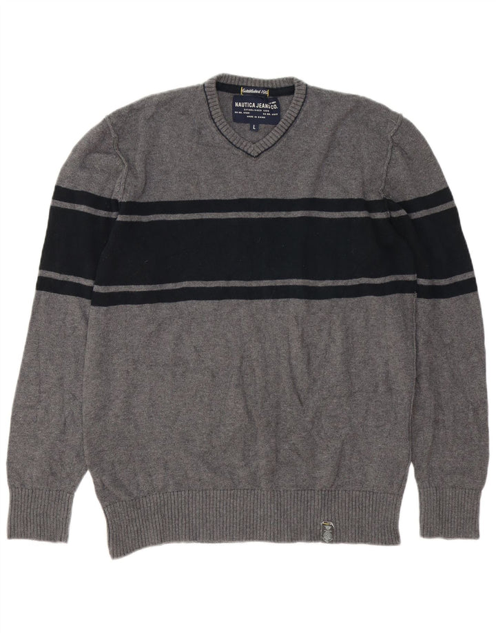 Nautica Pull col V pour homme en coton gris Taille L