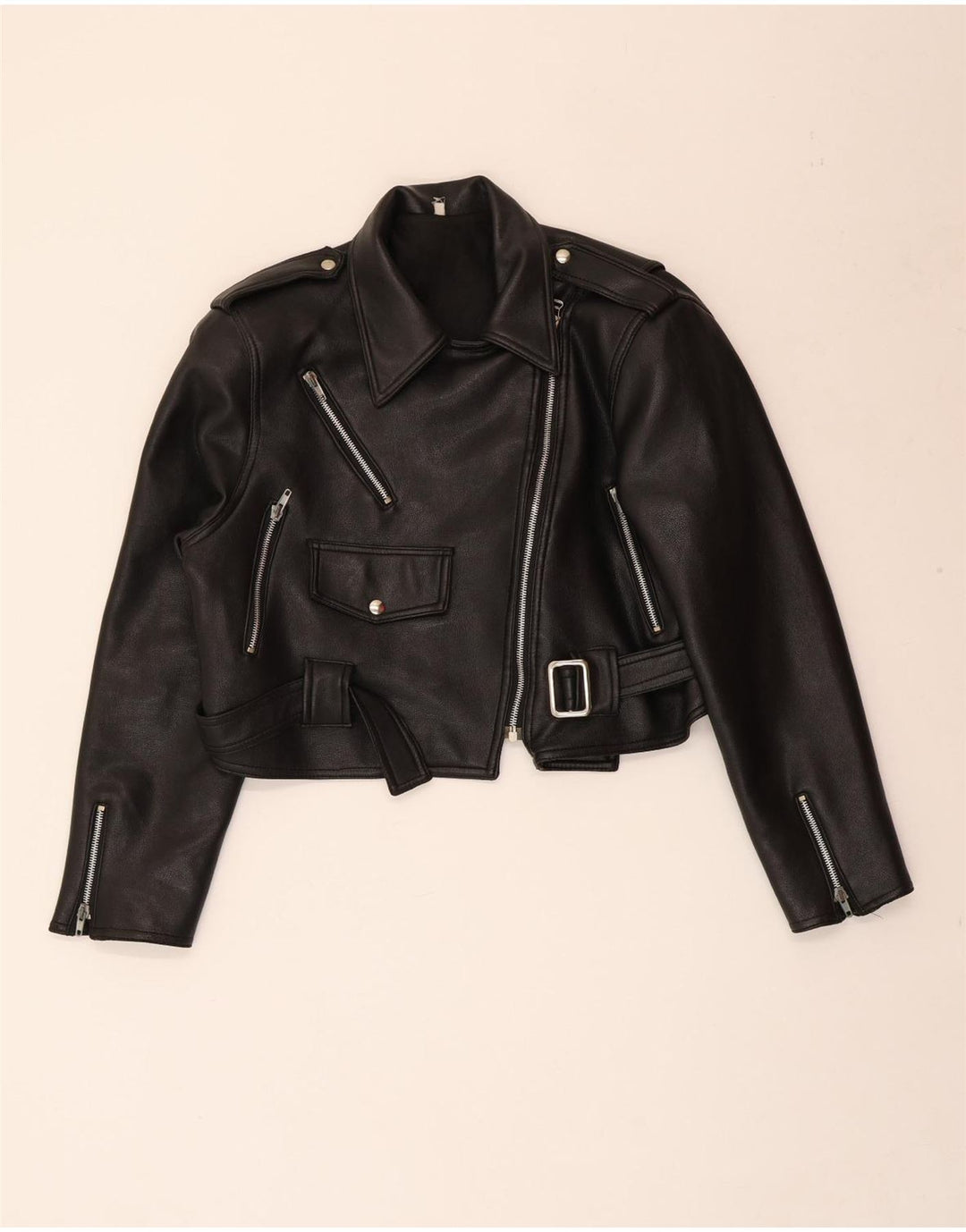 VINTAGE Veste de motard en cuir surdimensionnée pour femmes UK 10 Petit Noir