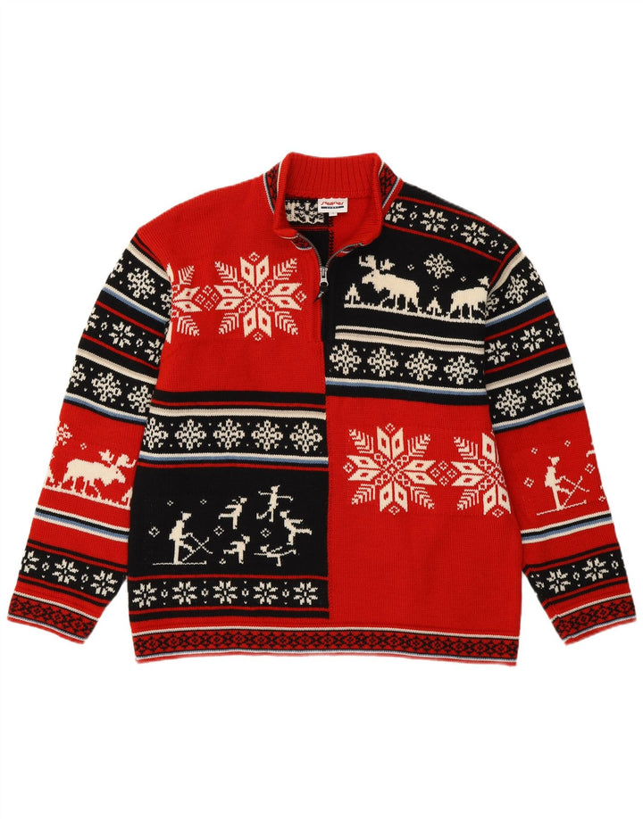 Steffner Pull col zippé pour homme en laine vierge Fair Isle rouge Large