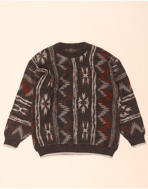 vintage Mens Crew Neck Jumper Pull Moyen Gris Géométrique