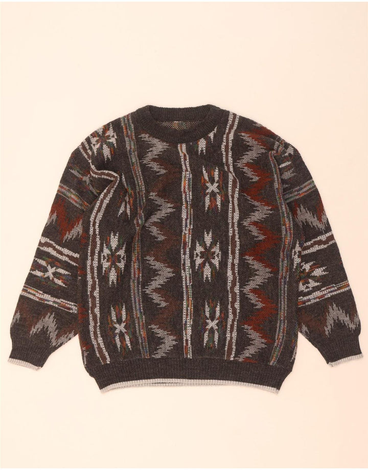 vintage Mens Crew Neck Jumper Pull Moyen Gris Géométrique