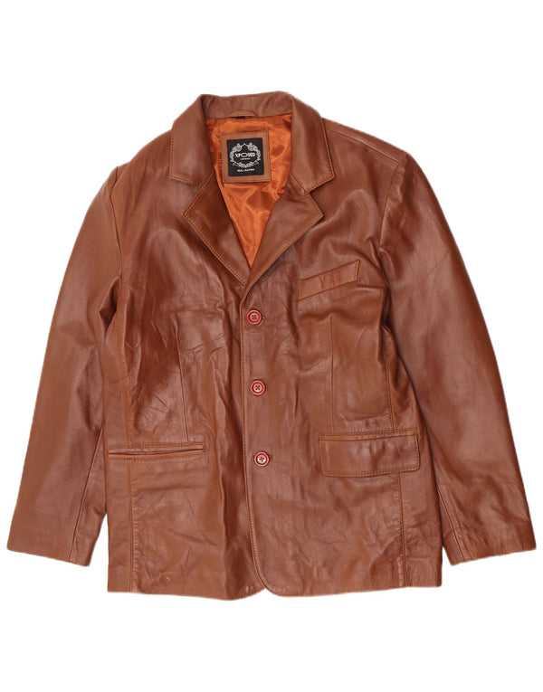 vintage Homme 3 Boutons Veste Blazer En Cuir UK 40 Grand Cuir Marron