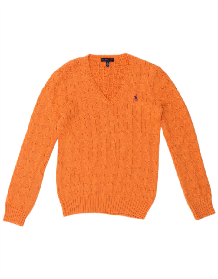 RALPH LAUREN Pull col en V pour femme UK 14 Large Orange Coton