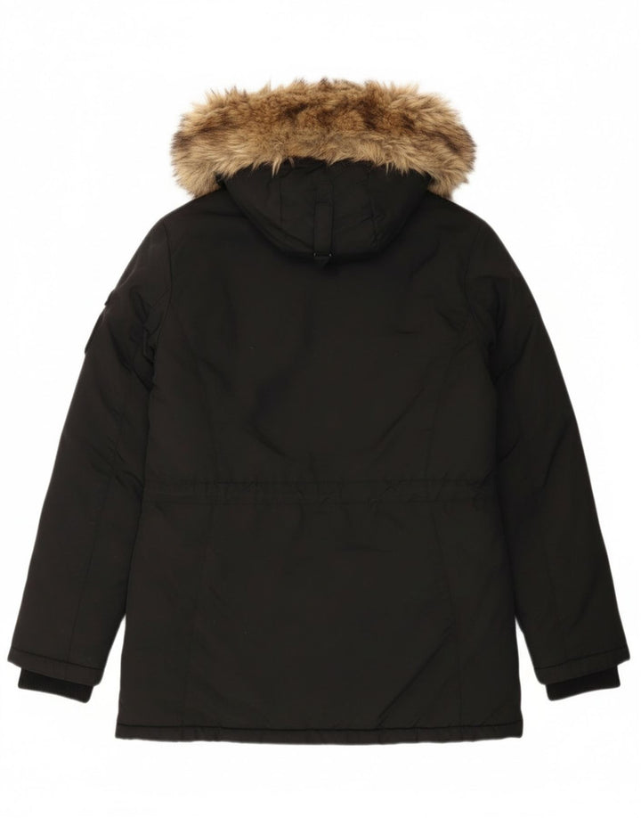 Superdry Parka à capuche pour femme UK 12 Medium Noir Nylon