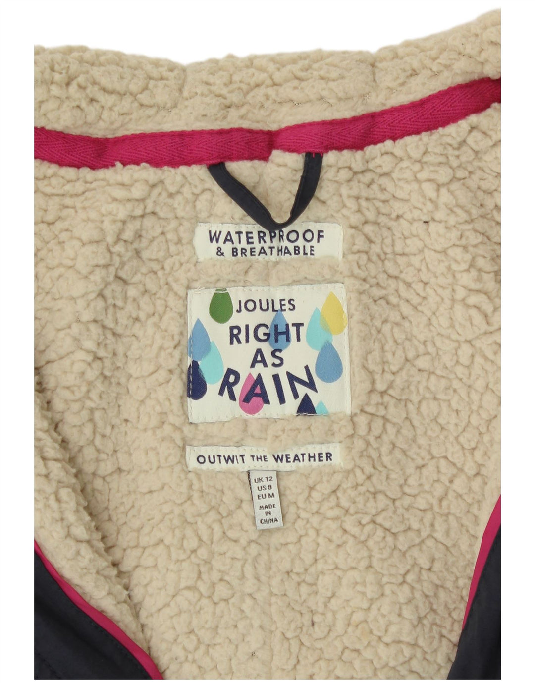 Joules Manteau de pluie Sherpa à capuche pour femme UK 12 Bleu marine moyen Coton