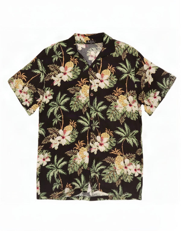 Chemise à manches courtes Vintage pour hommes, en Viscose florale noire moyenne, hawaïenne
