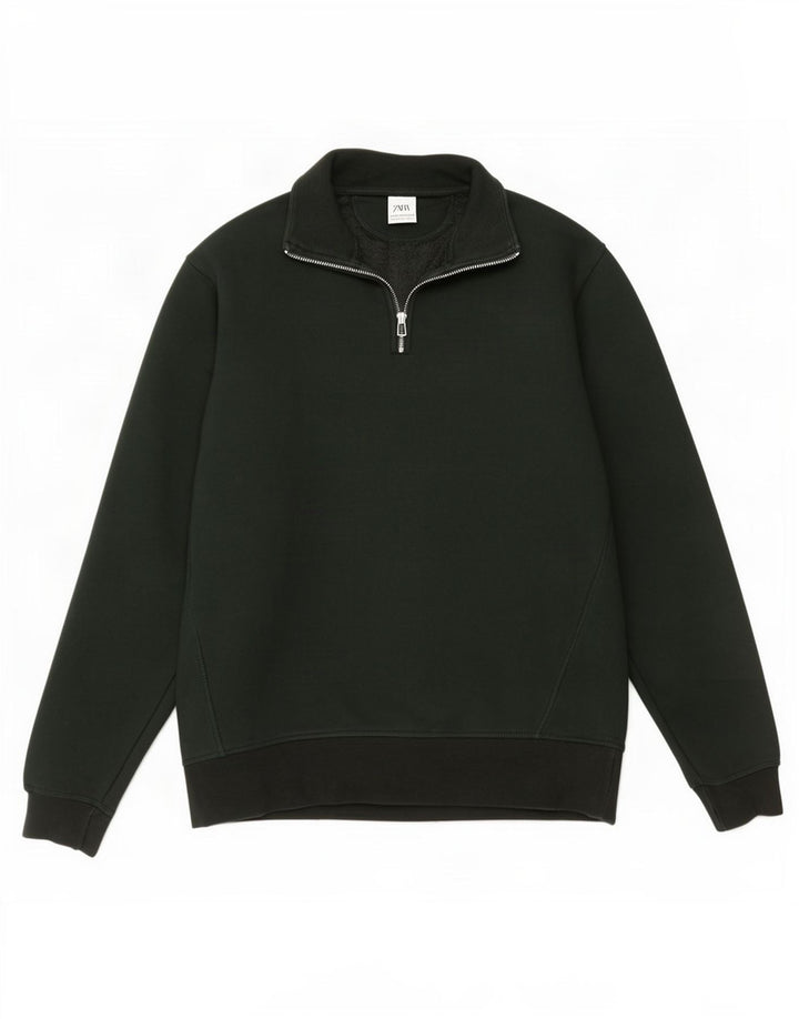 Zara Homme Zip Neck Sweatshirt Jumper Moyen Vert Coton