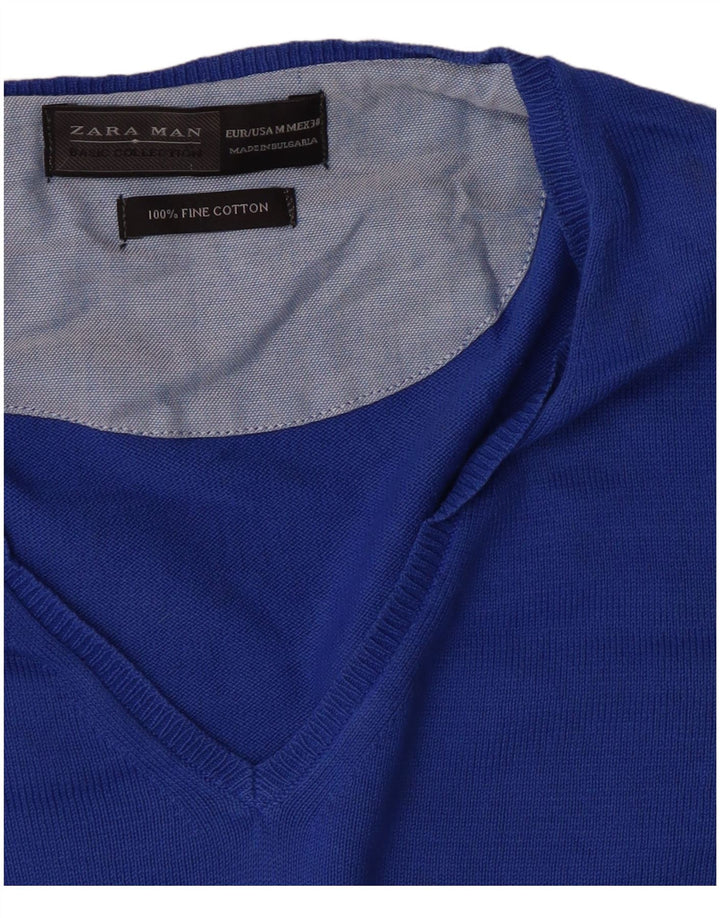 Zara Pull Col V Homme Bleu Moyen Coton