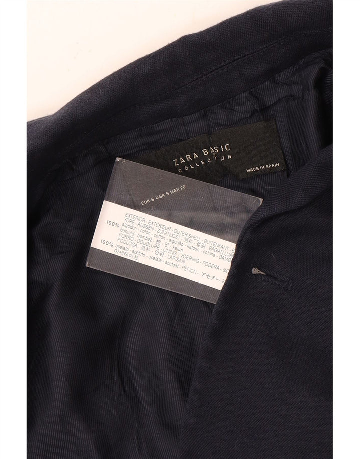 ZARA Femme Double Boutonnage Blazer Veste UK 10 Petit Bleu Marine Coton