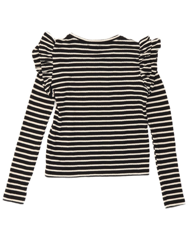 Zara Womens Crop Top Manches Longues UK 10 Petit Coton Rayé Noir