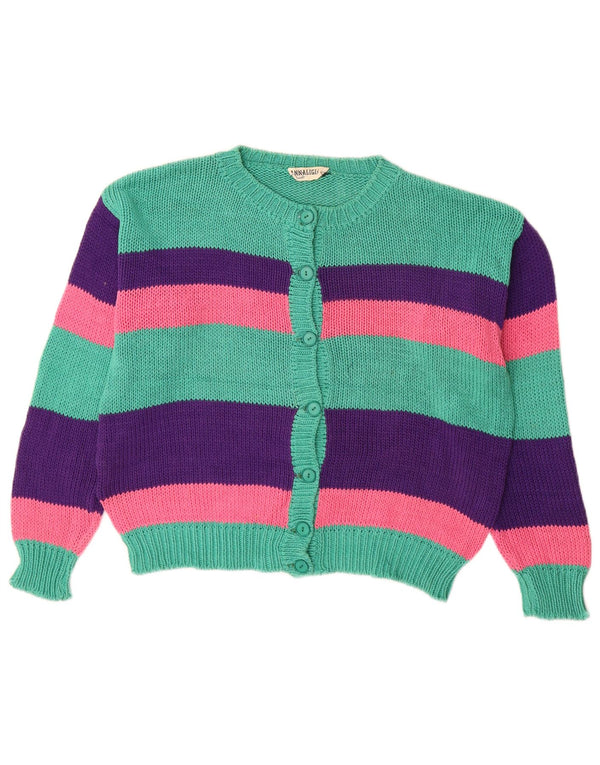 vintage Womens Crop Cardigan Sweater UK 16 Grand coton rayé vert