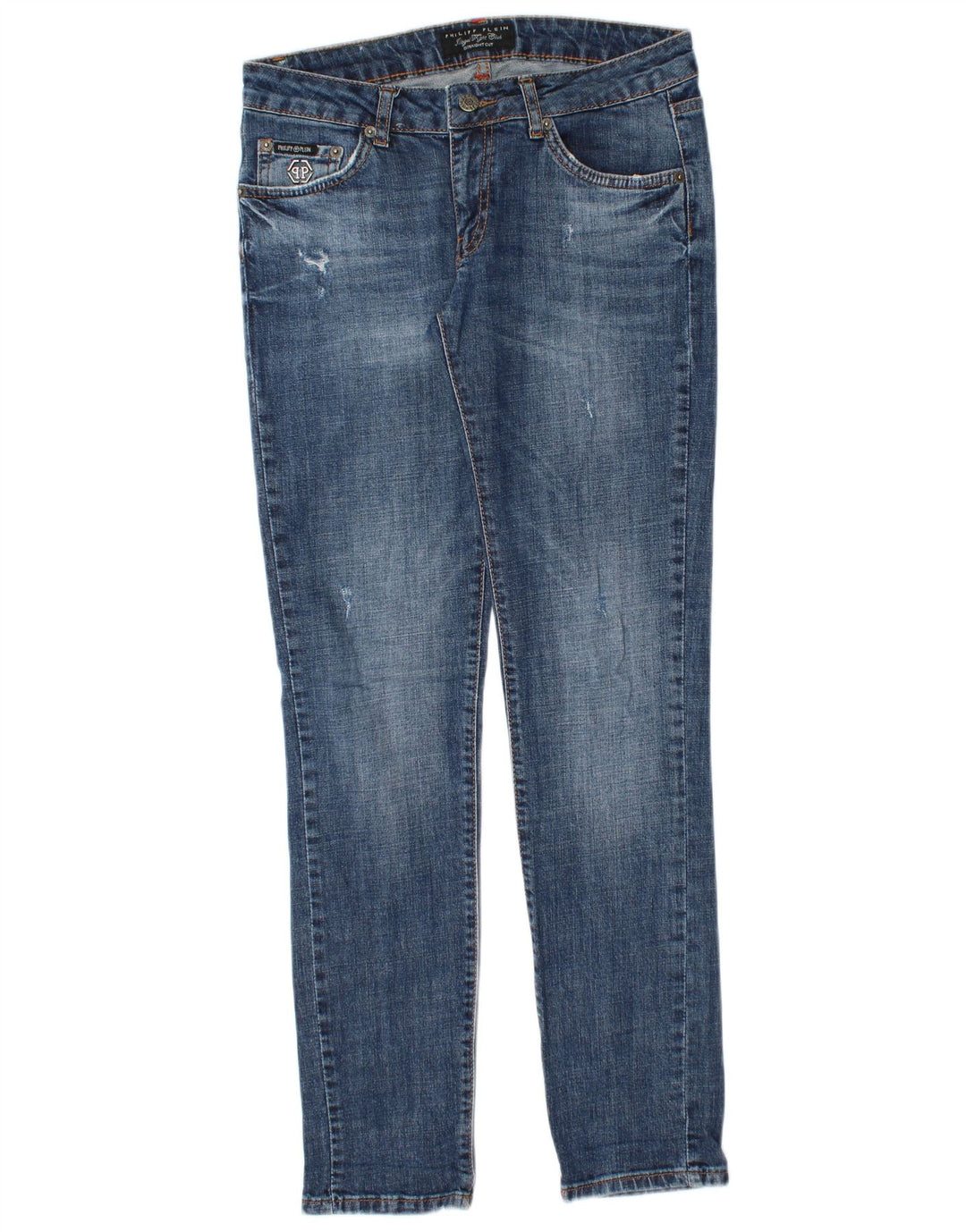 PHILIPP PLEIN Jean Slim Droit Effet Déchiré Femme W28 L30 Bleu Coton