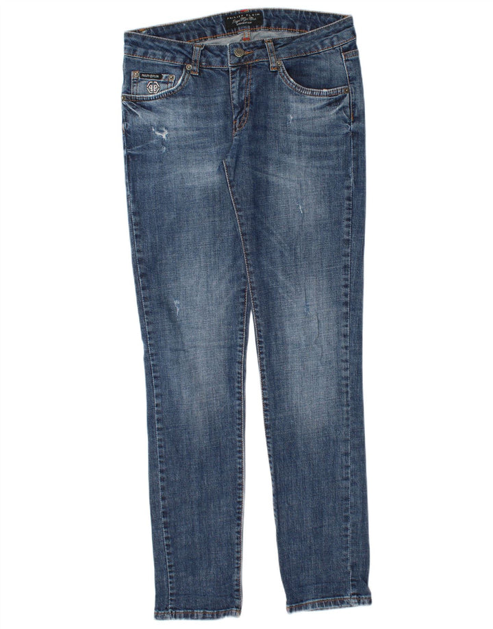 PHILIPP PLEIN Jean Slim Droit Effet Déchiré Femme W28 L30 Bleu Coton