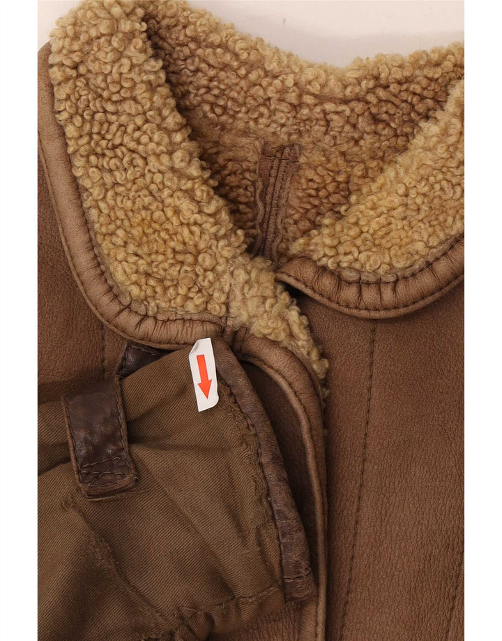vintage Femme Sherpa Veste en cuir surdimensionnée IT 46 Grand Marron