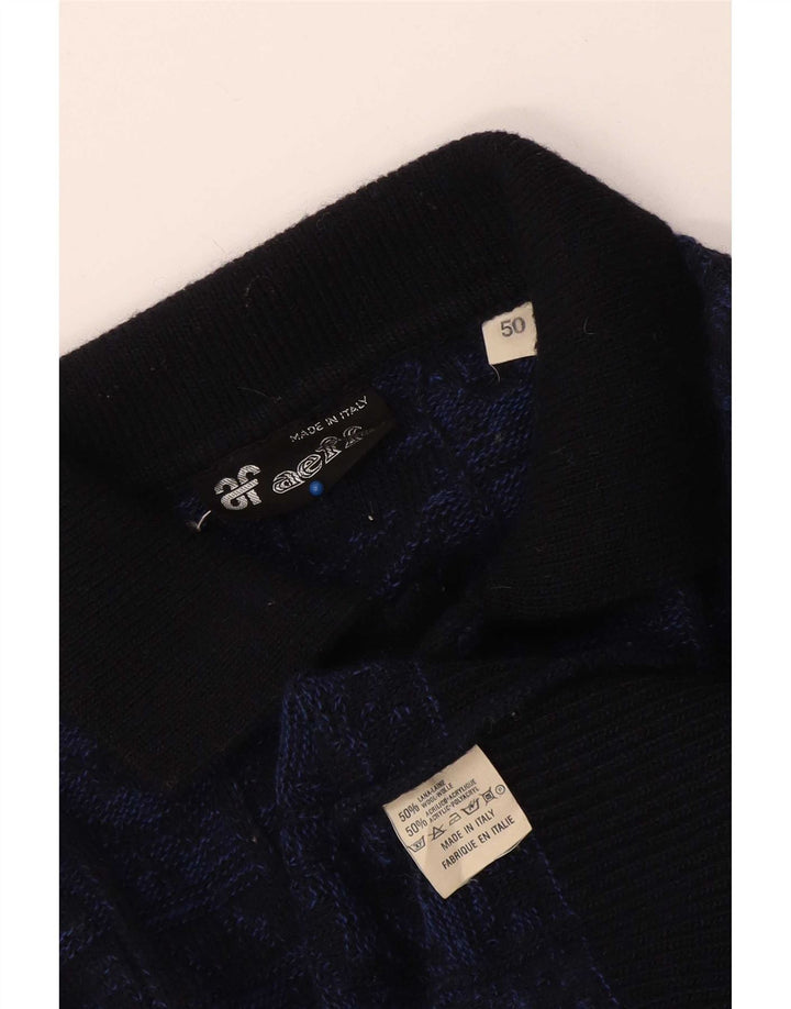 Aeffe Pull Col Polo Homme IT 50 Laine Géométrique Bleu Marine Moyen