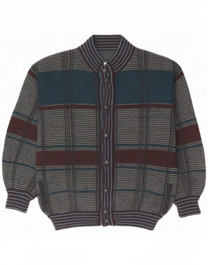 Vintage Mens Cardigan Sweater Large Grey Plaid Wool