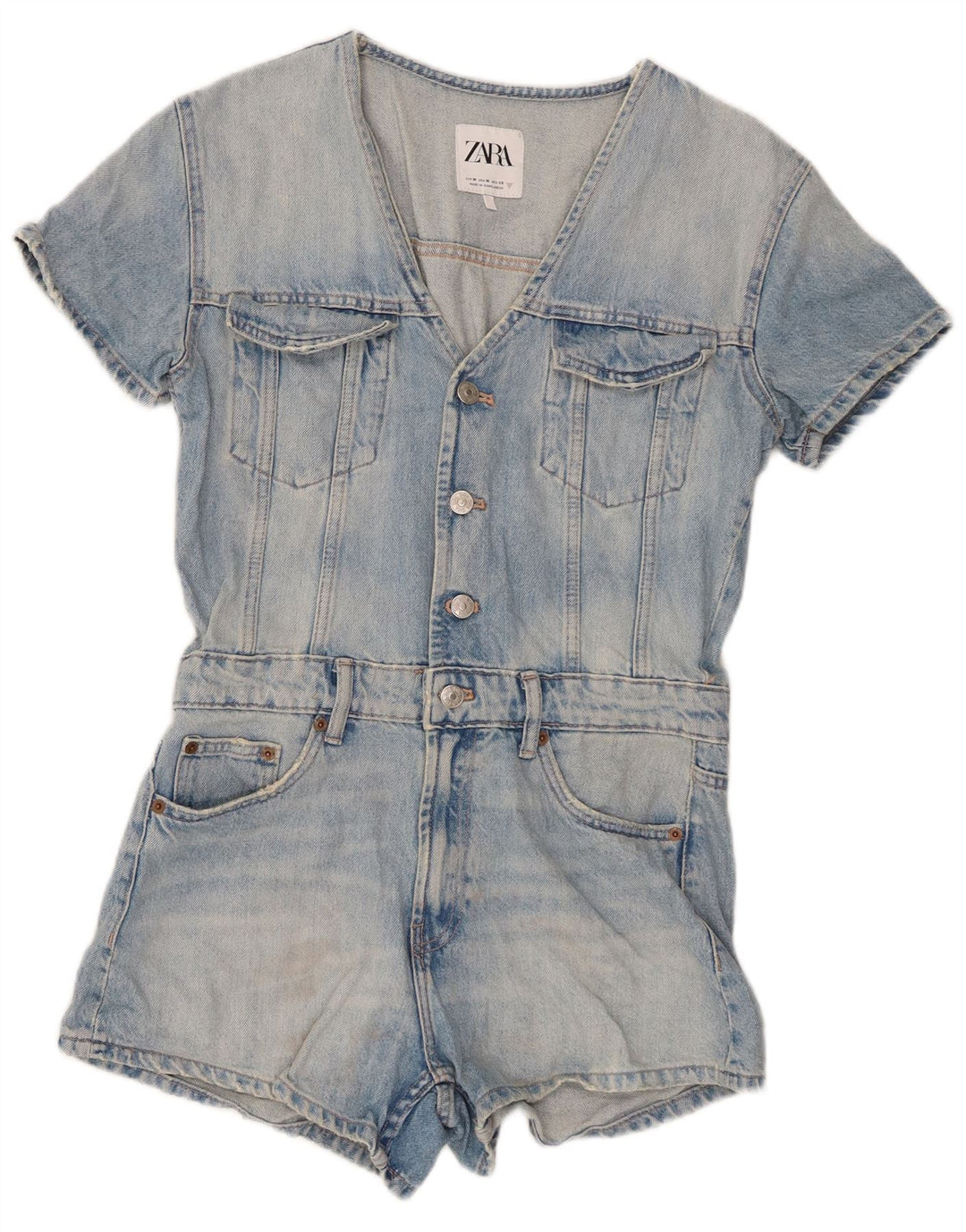 Zara Womens Denim Combishort UK 12 Bleu Moyen Coton