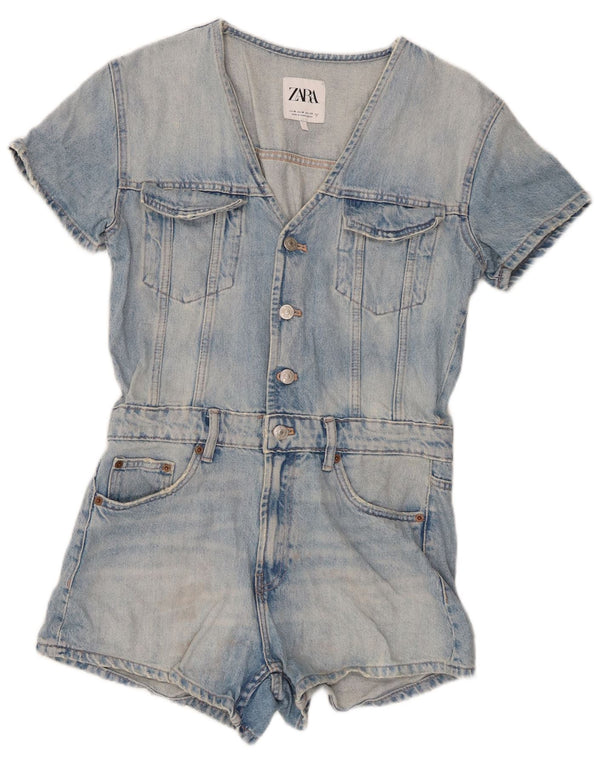 Zara Womens Denim Combishort UK 12 Bleu Moyen Coton