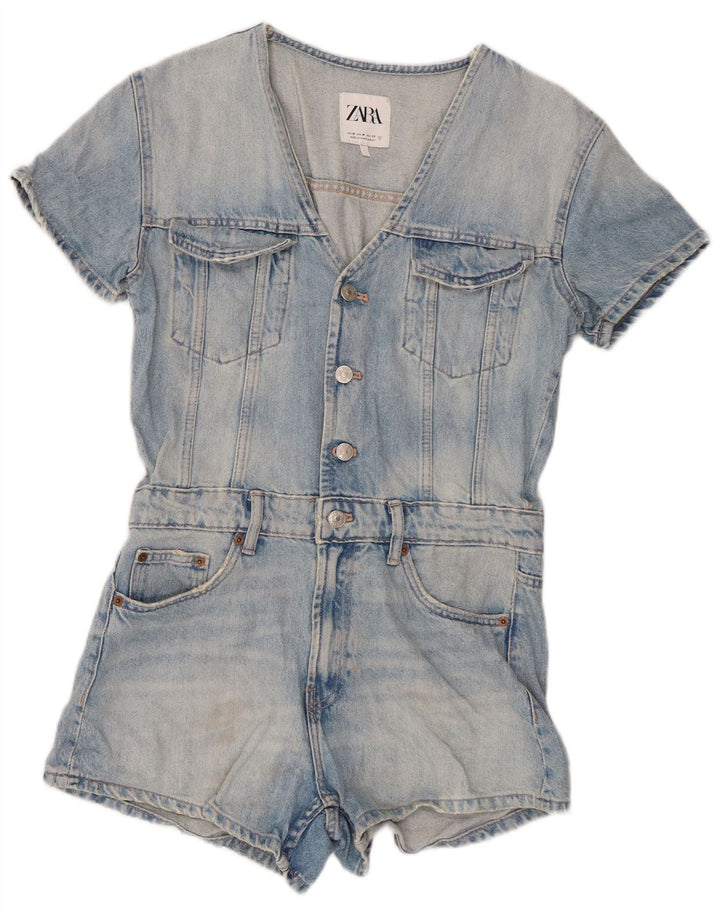 Zara Womens Denim Combishort UK 12 Bleu Moyen Coton