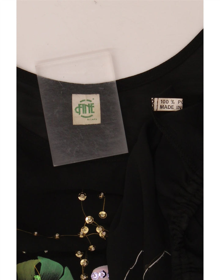 VINTAGE Femmes Crop Batwing Blouse Top UK 18 XL Noir Floral Polyester