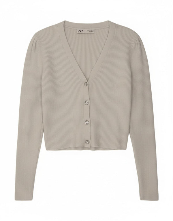 Zara Womens Crop Cardigan Pull UK 14 Grand Nylon Blanc Cassé
