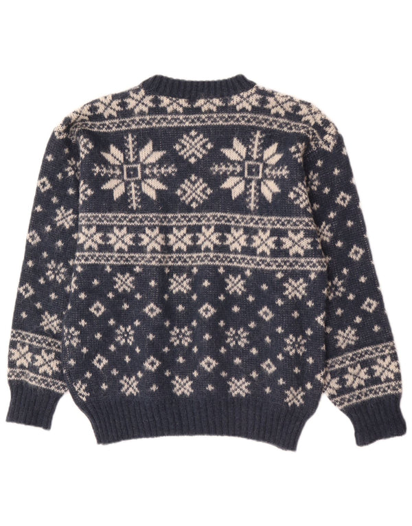 vintage Mens Crew Neck Jumper Pull Petit Bleu Marine Fair Isle Laine