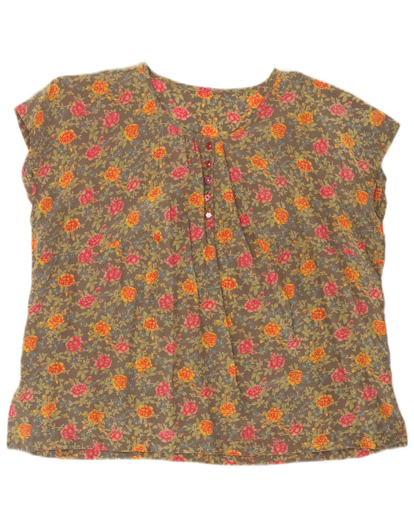 vintage Femmes Blouse Sans Manches Top UK 18 XL Kaki Floral