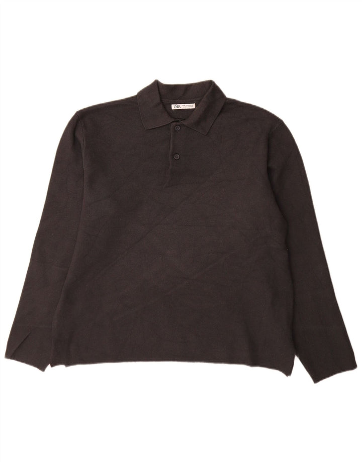 Zara Pull Col Polo Homme Gris Moyen Viscose