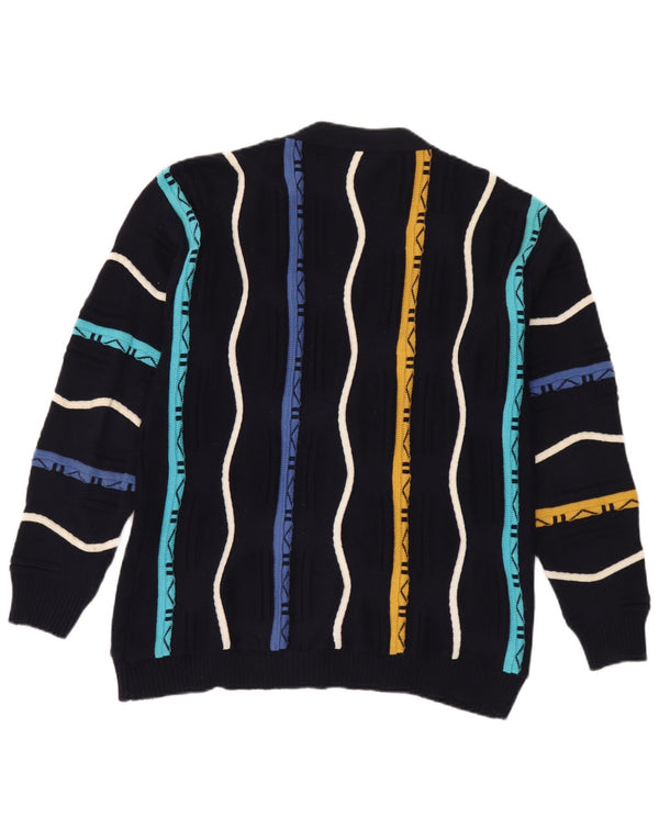 vintage Mens Cardigan Pull Moyen Bleu Marine Rayé Coton
