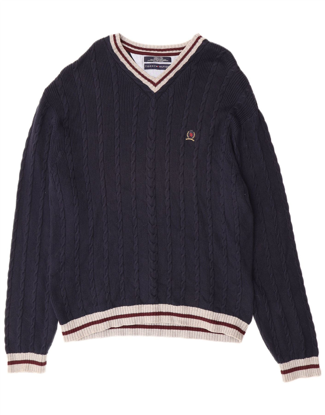 TOMMY HILFIGER Pull col V Homme XL Bleu Marine Colorblock Coton