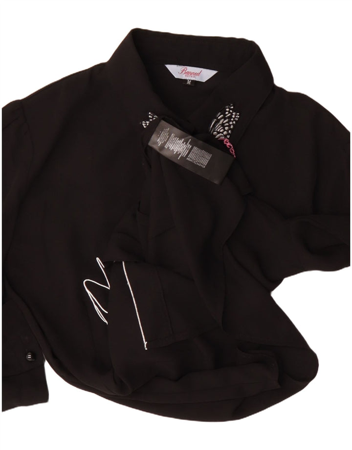 vintage Femmes Graphique Chemise À Manches Courtes Blouse UK 14 Moyen Noir