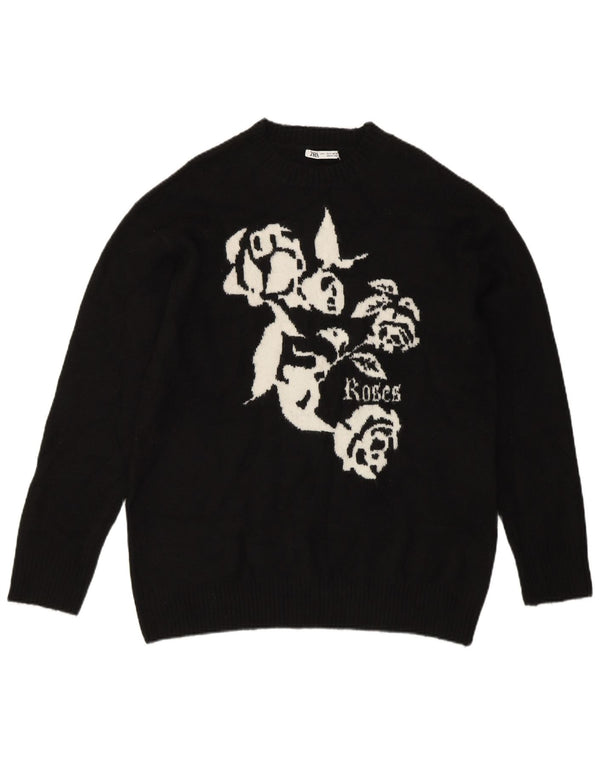 Zara Pull graphique surdimensionné à col rond pour femme UK 10 Petit Noir