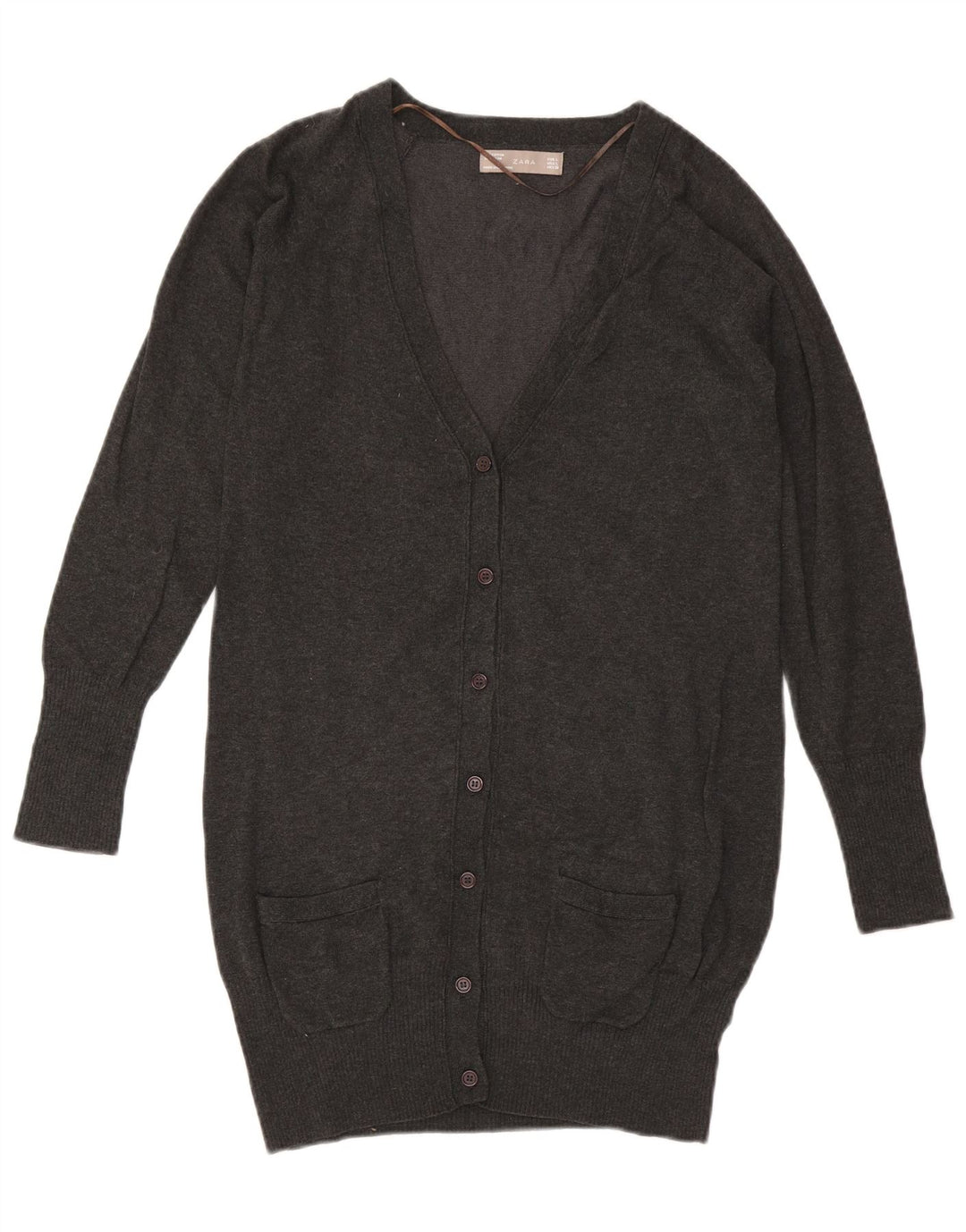 ZARA Womens Longline Cardigan Sweater UK 14 Large Gris Coton