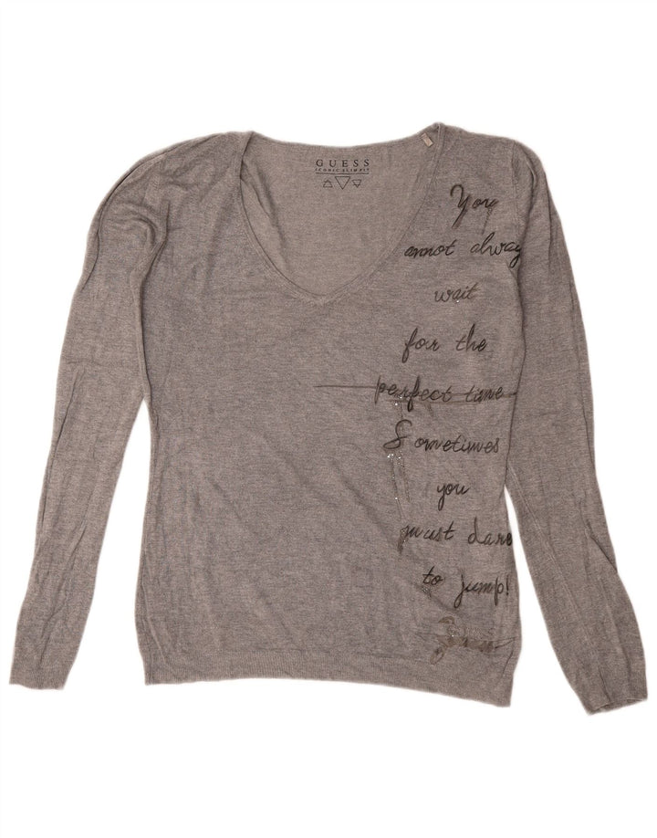 Guess Pull graphique surdimensionné à col en V pour femme UK 8 Small Gris