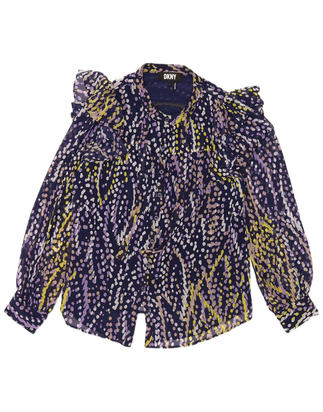 Dkny Chemisier à volants sur le devant pour femme UK 16 Large Bleu marine à pois