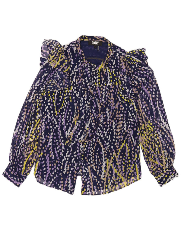 Dkny Chemisier à volants sur le devant pour femme UK 16 Large Bleu marine à pois