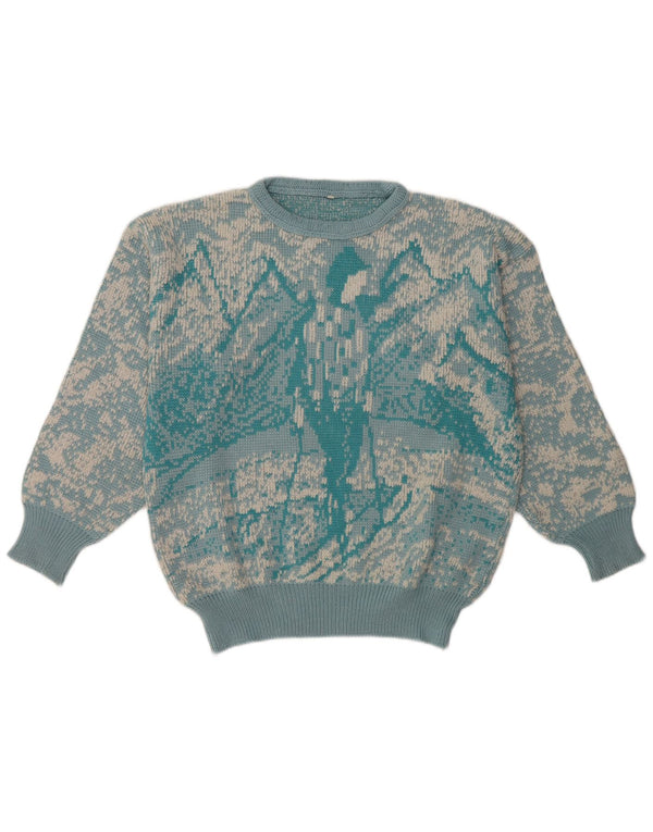 vintage Femmes Motif Abstrait Crew Neck Jumper Pull UK 16 Grand Bleu