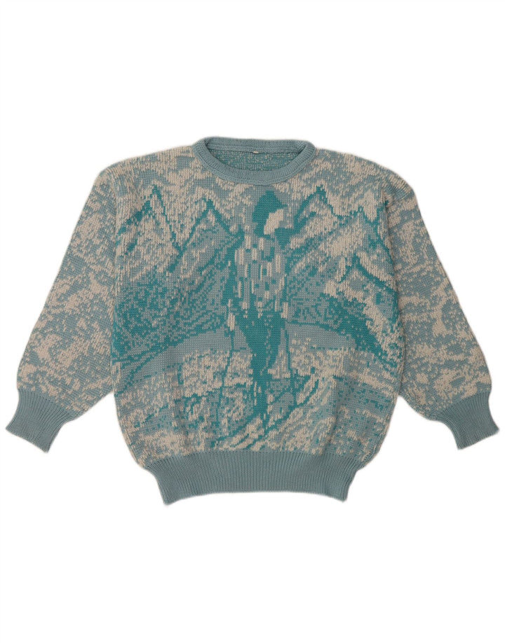 vintage Femmes Motif Abstrait Crew Neck Jumper Pull UK 16 Grand Bleu