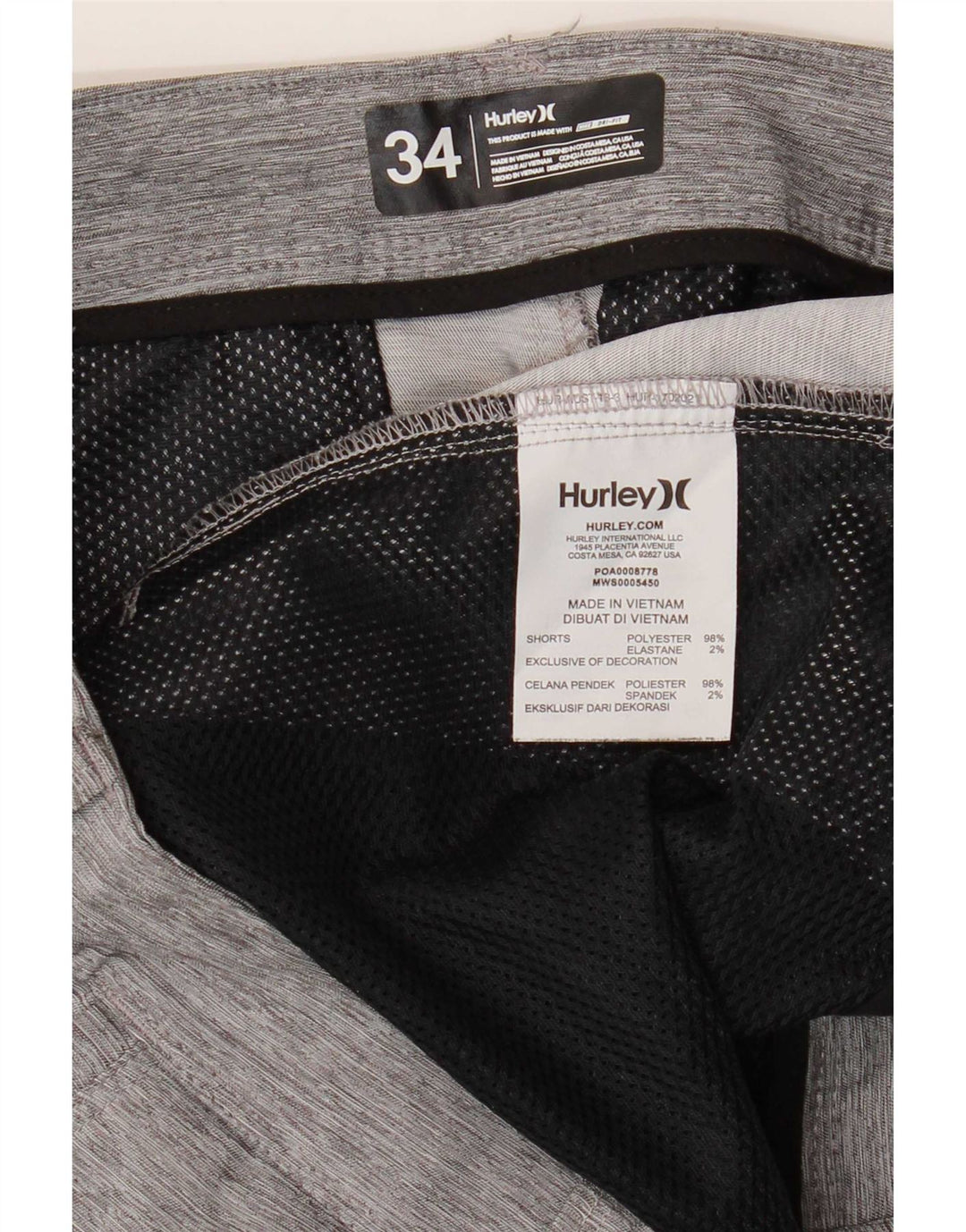 Hurley Short Chino Homme Large W34 Gris Moucheté Polyester