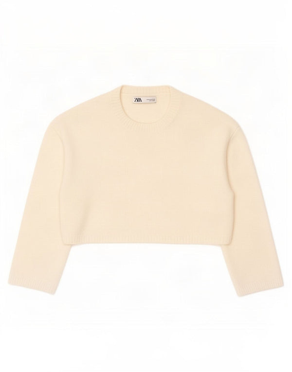 Zara Pull court à col rond pour femme UK 14 Medium Off White Nylon